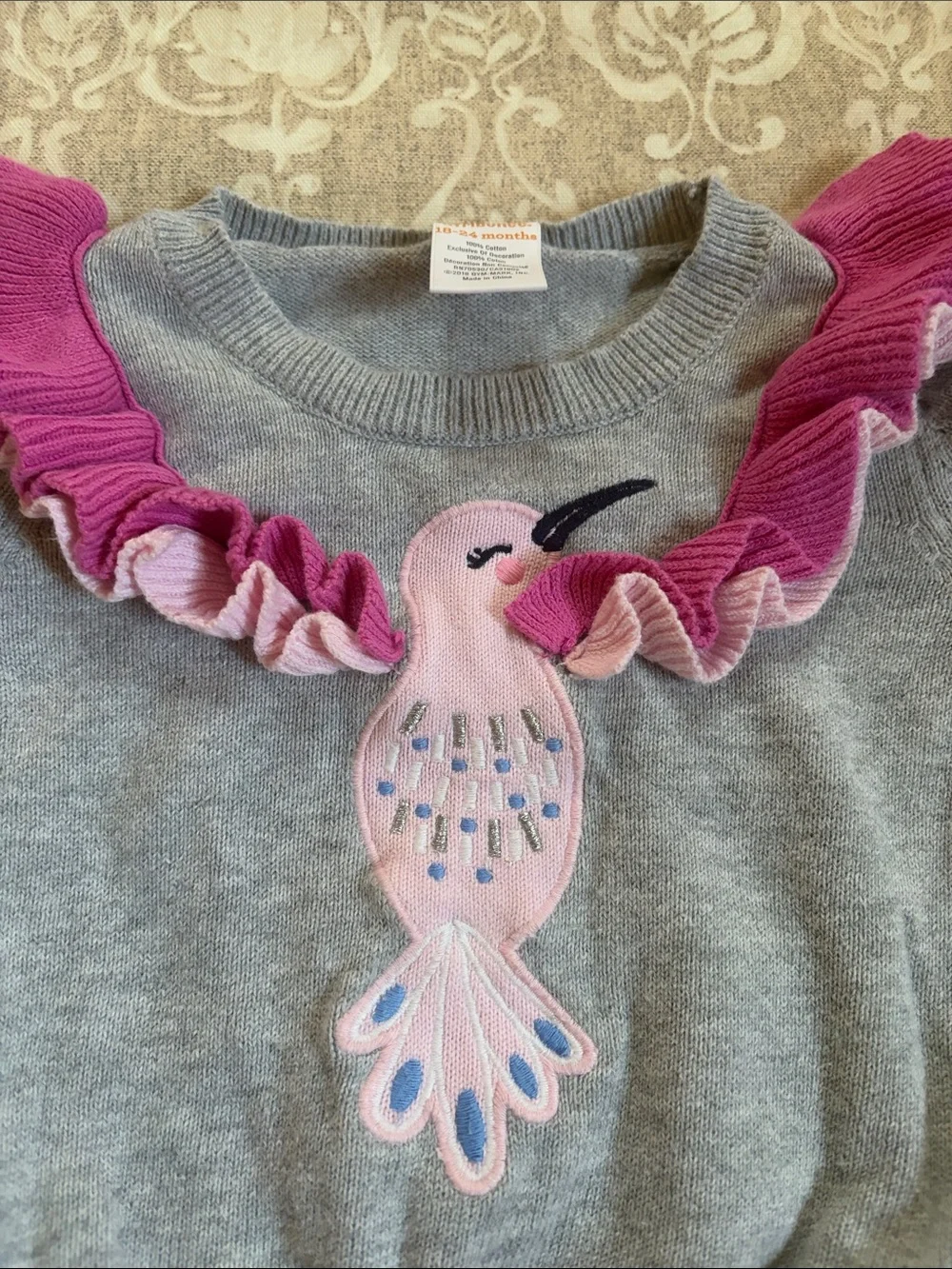 Gymboree Girl Novelty Hummingbird Sweater with Pink Ruffle 18 -24 m. Cotton